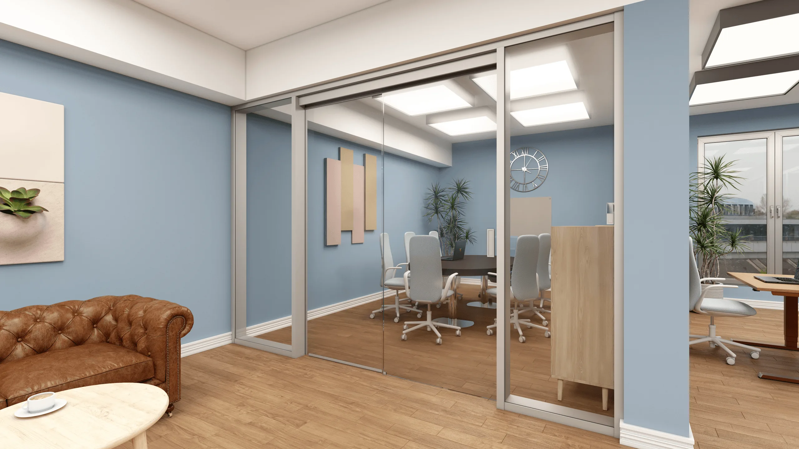 Büro mit Glastrennwänden – Blaues Innenraumkonzept · Ansicht 1