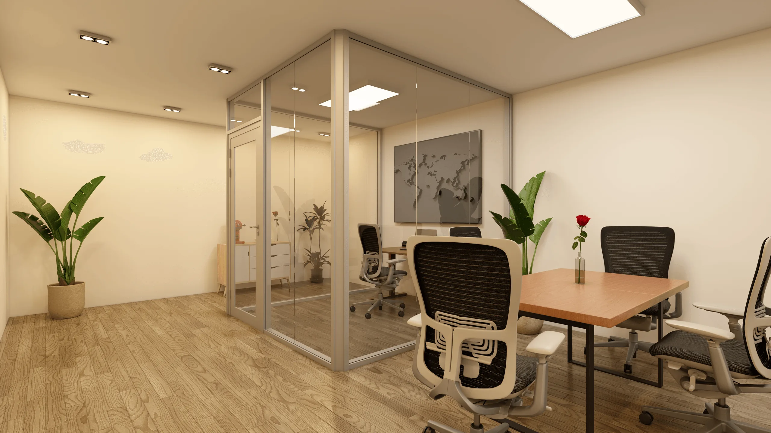 U-förmiges Glasbüro – Innenraumdesign · Ansicht 1