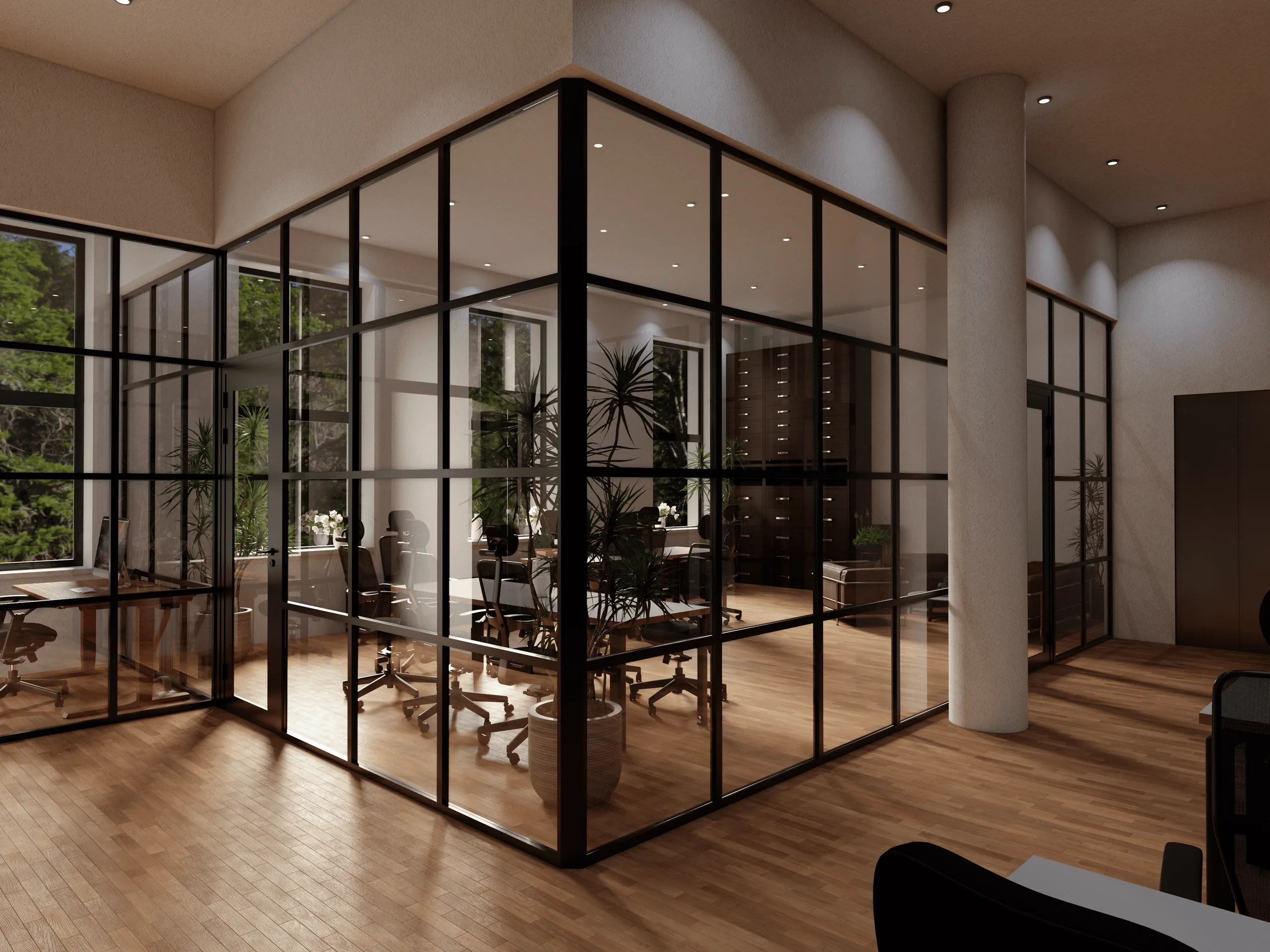 Modernes Bürodesign mit schwarz gerahmten Glastrennwänden · Ansicht 1