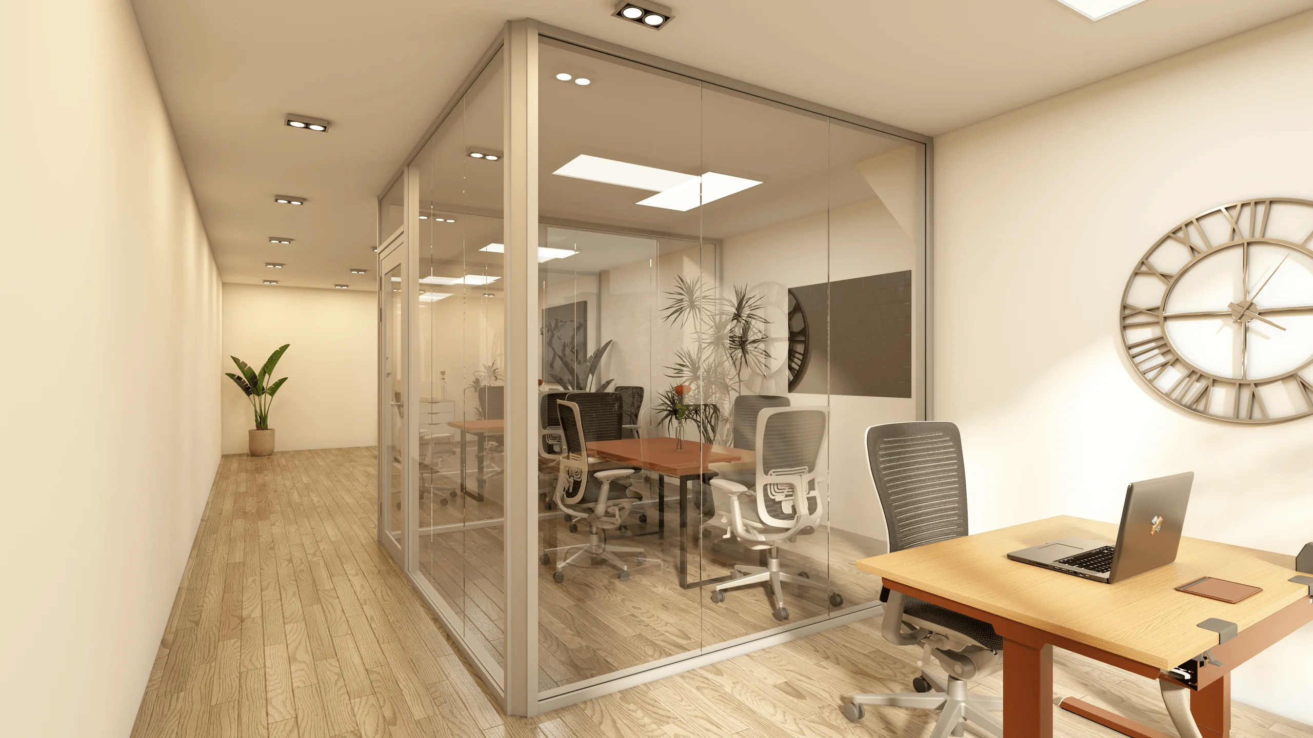 U-förmiges Glasbüro – Innenraumdesign · Ansicht 2