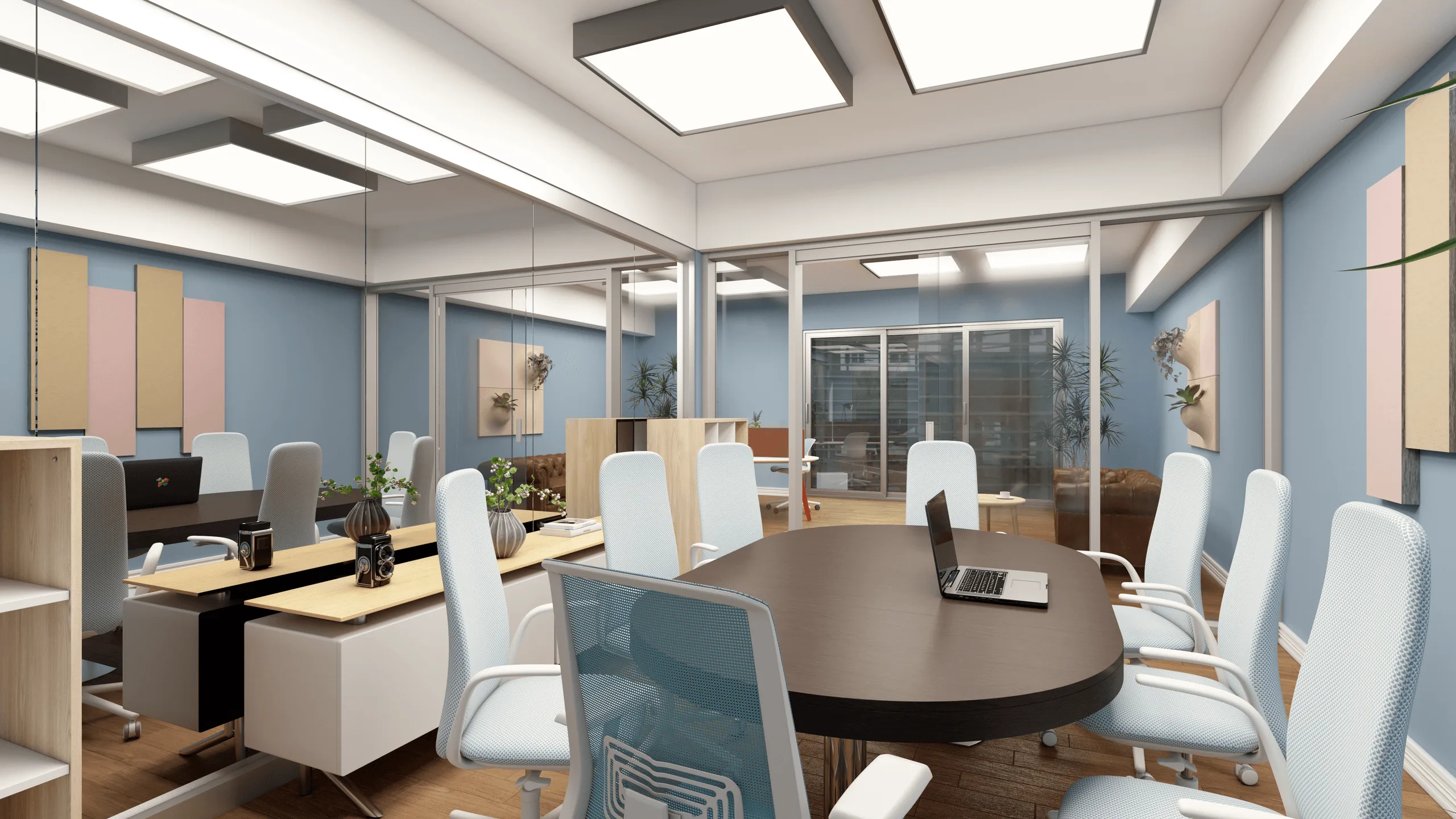 Büro mit Glastrennwänden – Blaues Innenraumkonzept · Ansicht 2