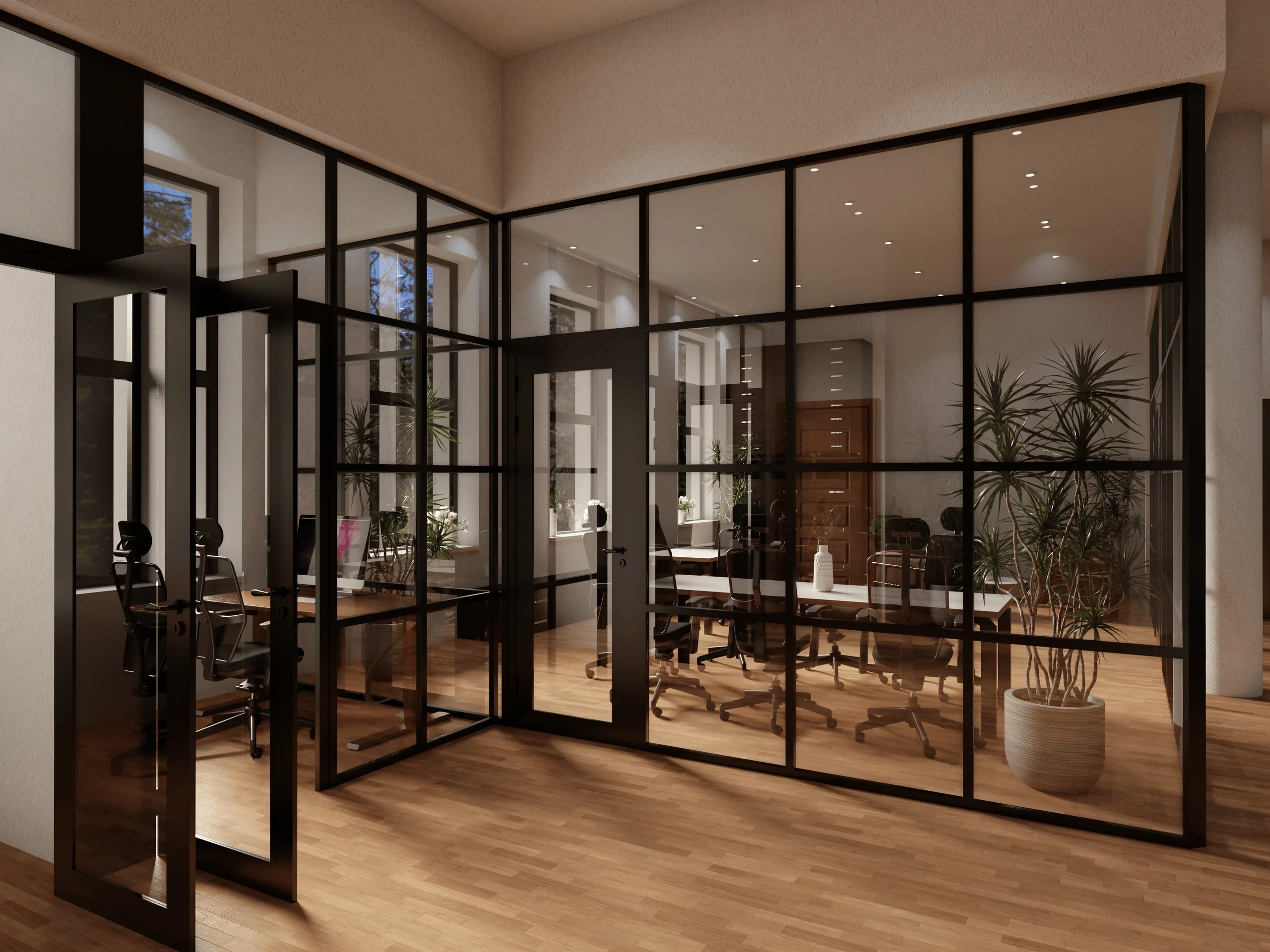 Modernes Bürodesign mit schwarz gerahmten Glastrennwänden · Ansicht 2