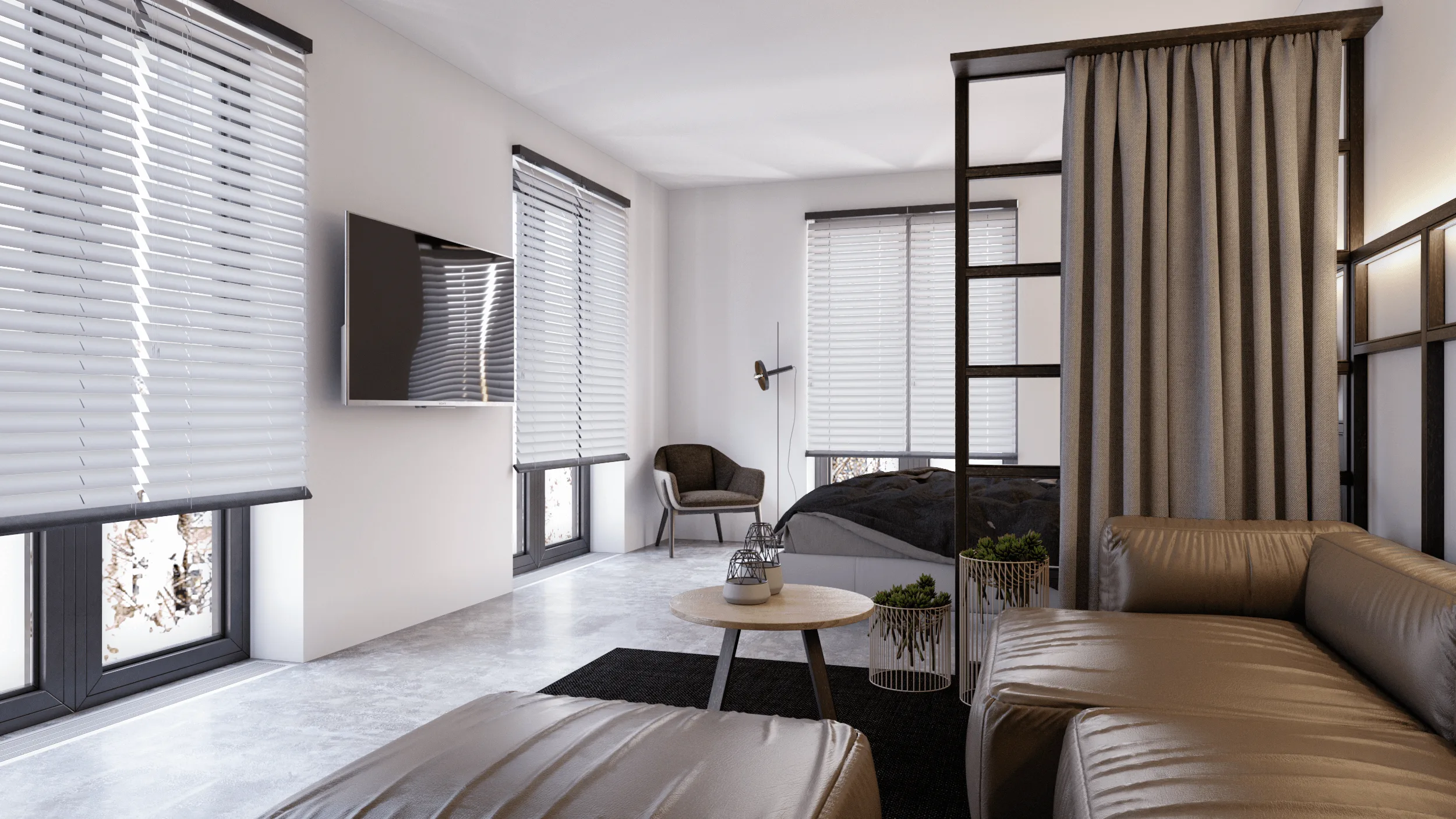 Kompaktes Studio-Apartment – Innenraumvisualisierung · Ansicht 3