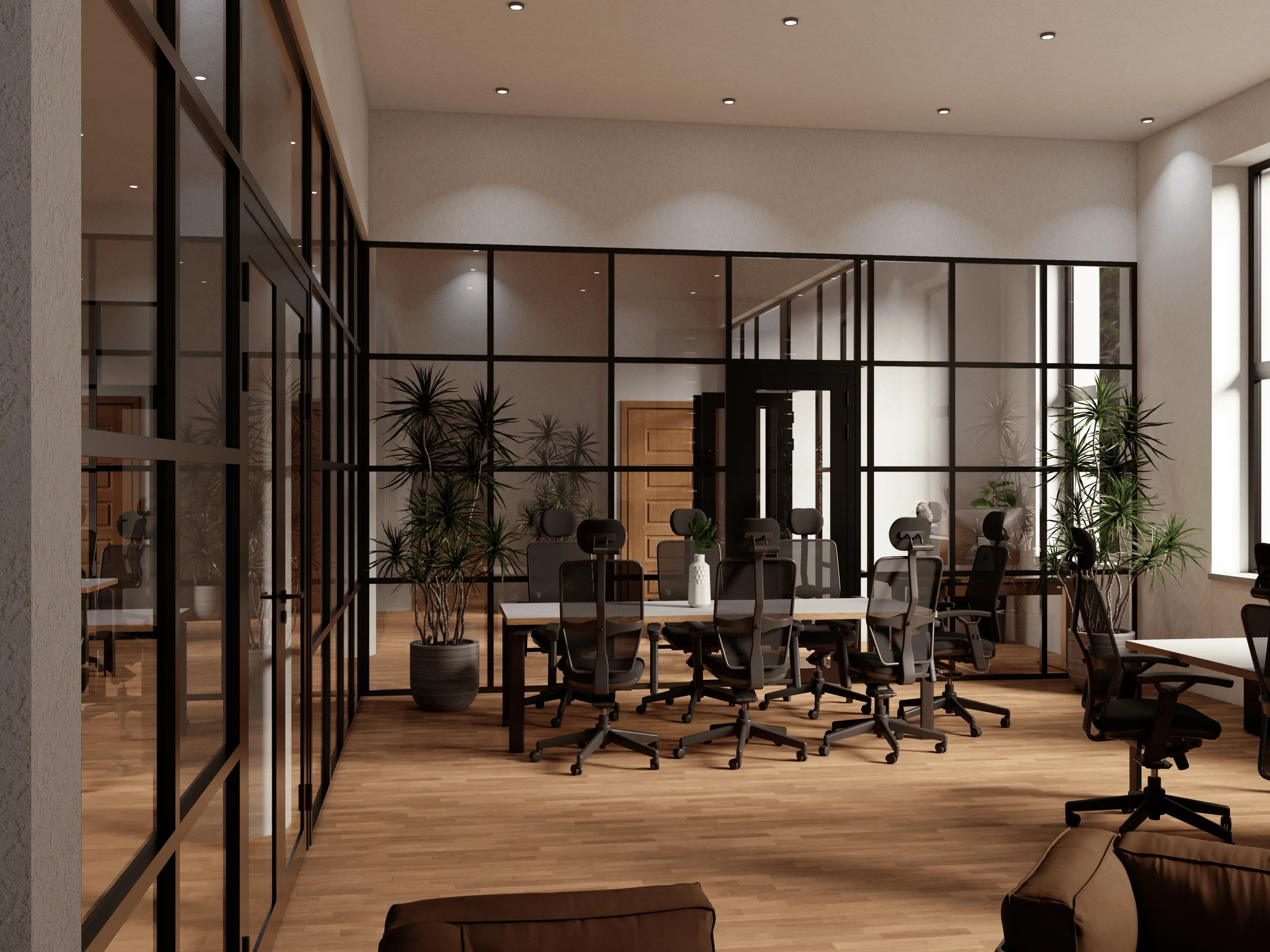Modernes Bürodesign mit schwarz gerahmten Glastrennwänden · Ansicht 3