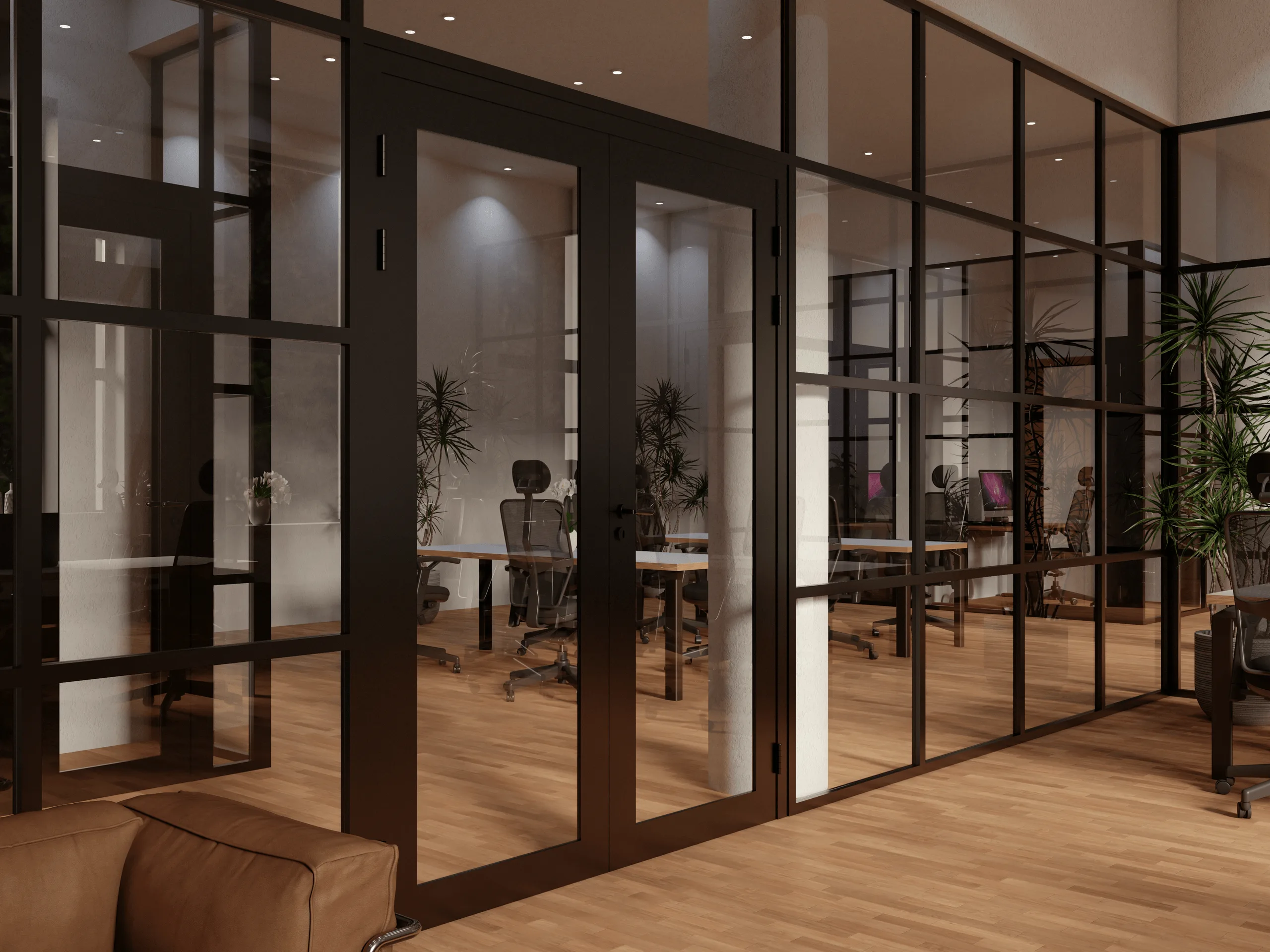 Modernes Bürodesign mit schwarz gerahmten Glastrennwänden · Ansicht 4