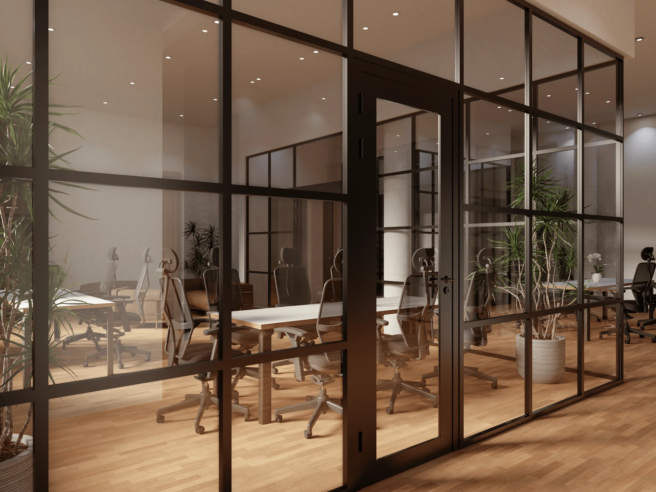 Modernes Bürodesign mit schwarz gerahmten Glastrennwänden · Ansicht 5