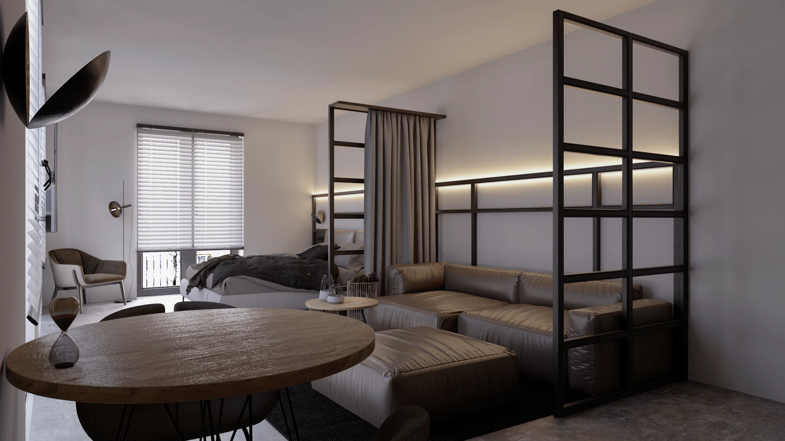 Kompaktes Studio-Apartment – Innenraumvisualisierung