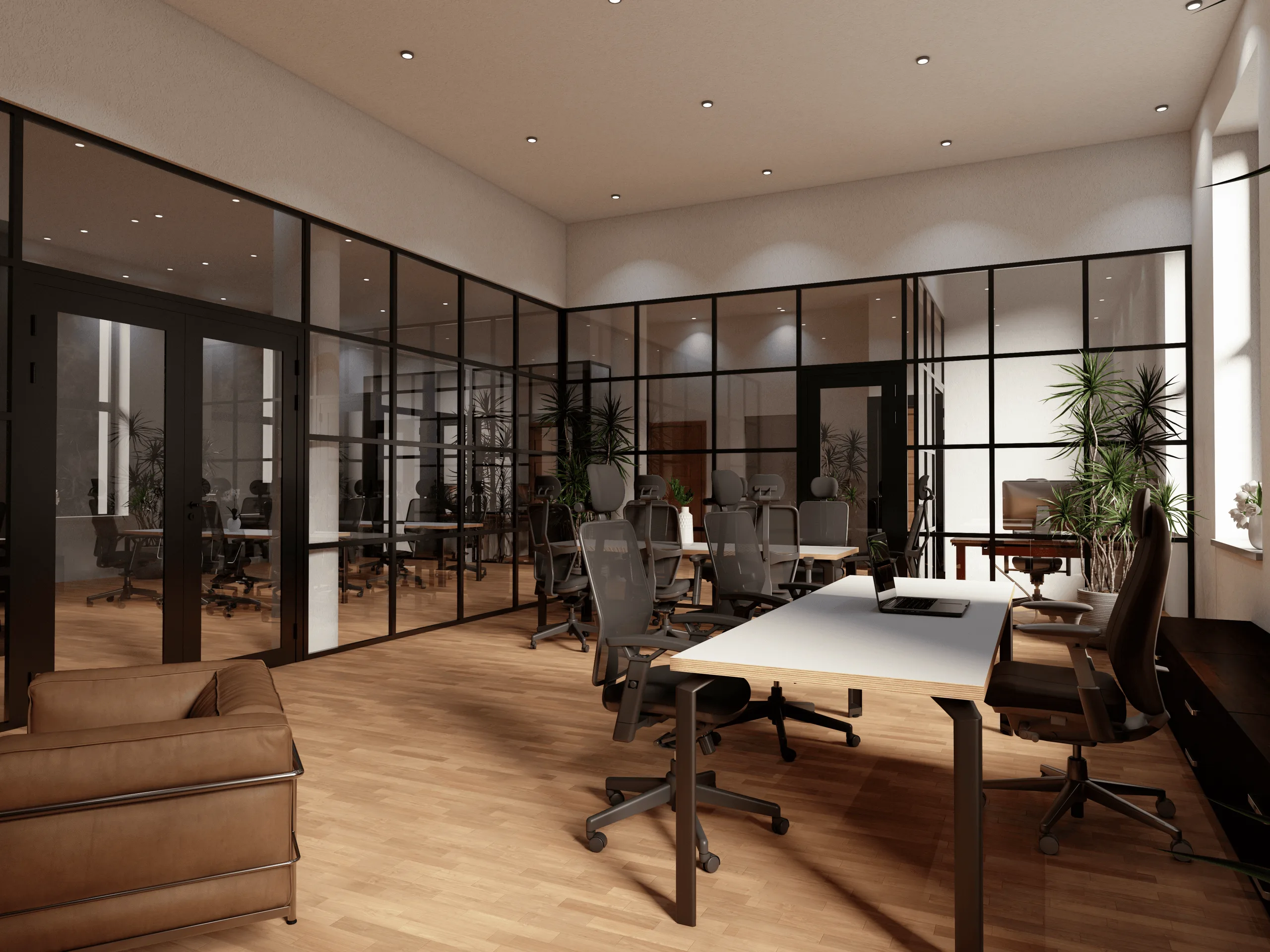 Modernes Bürodesign mit schwarz gerahmten Glastrennwänden